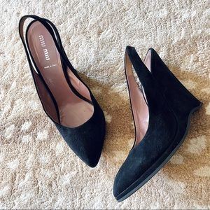 Miu Miu Black Suede Wedge Slingback Heels Size 40